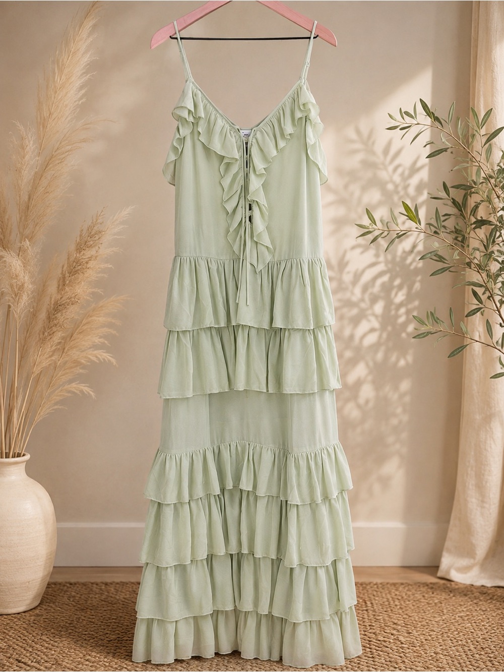 Torn by Ronny Kobo Light Sage Tiered Ruffle Maxi Dress
